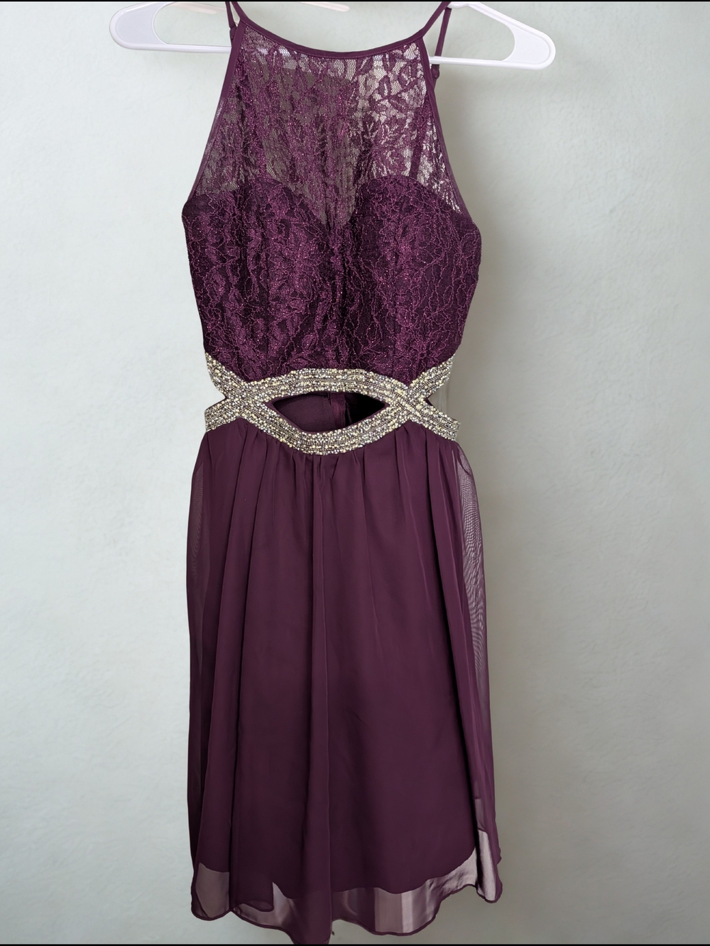 Xtraordinary Plum Lace Halter Mini Dress with Beaded Waist